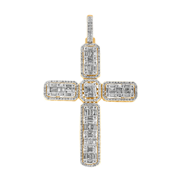 10KT YELLOW GOLD 1.96 CARAT ROUND AND BAGUETTE DIAMOND CROSS HIPHOP PENDANT-1060005-YG