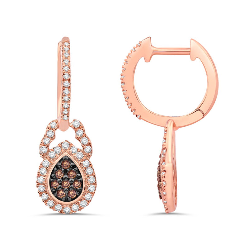 14 Karat Rose Gold 0.36 Carat Diamonds (Center Brown Diamond) Teardrop Dangle Hoops-1532205-RG