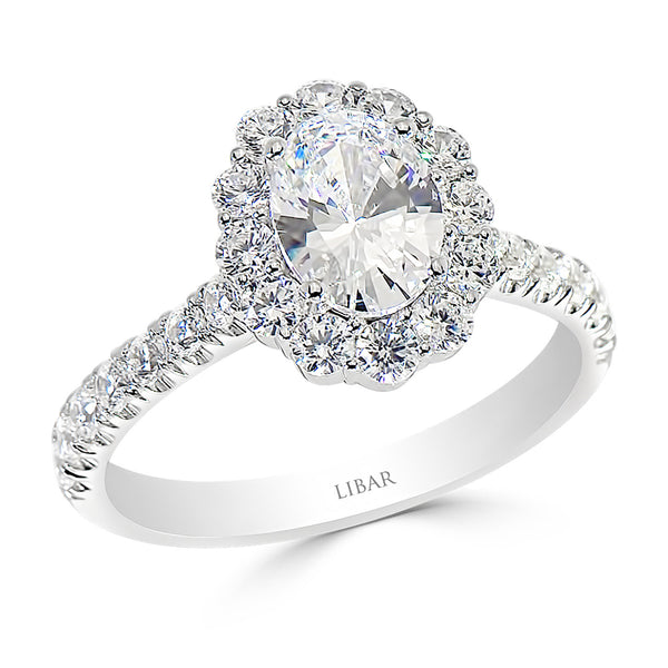 Scalloped Claw Set Oval Halo Ladies Diamond Engagement Ring