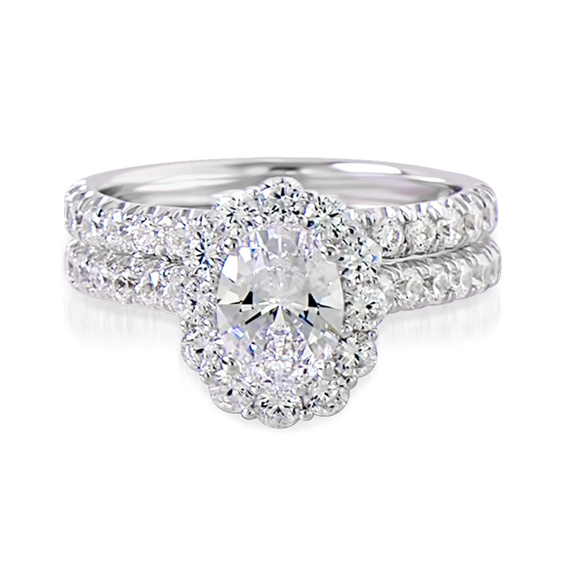 Scalloped Claw Set Oval Halo Ladies Diamond Engagement Ring
