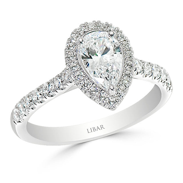 Ladies Pear Shaped Halo Pave Set Cathedral Engagement Ring