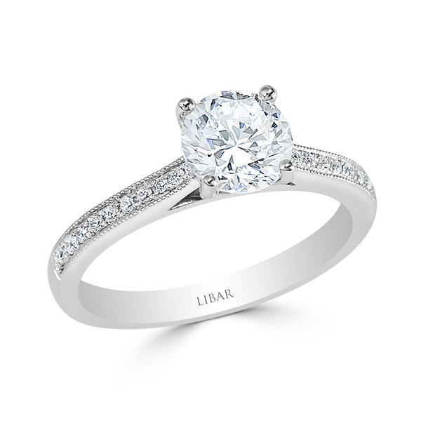 Round Center Milgrain Edged Pave Set Ladies Engagement Ring