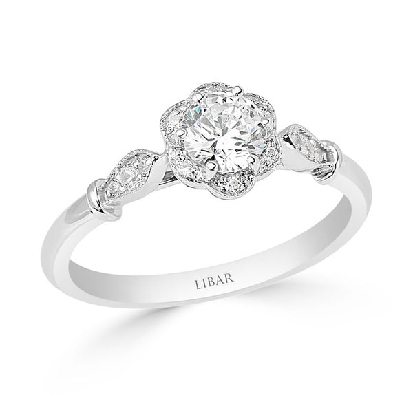 Milgrained Flower & Petal Halo Engagement Ring