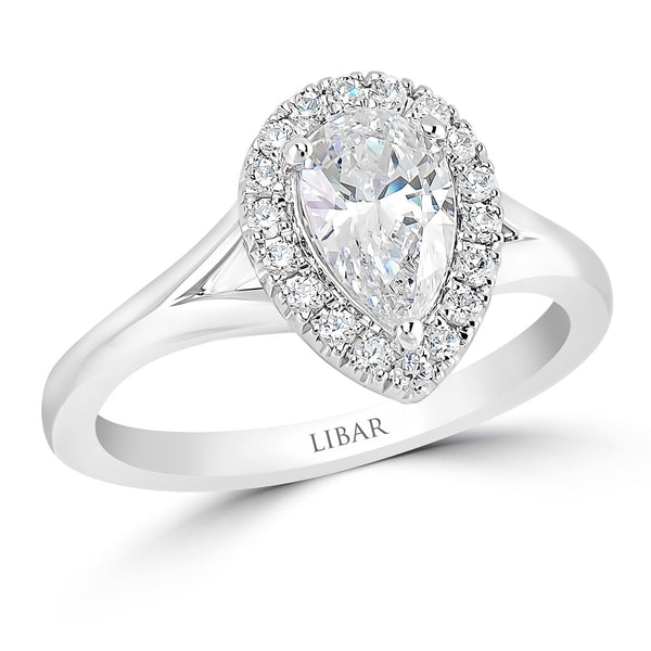 Ladies Split Shank Cathedral Style Pear Shaped Halo Diamond Engagement Ring