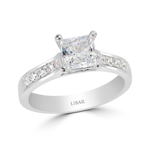 Ladies Princess Cut Sloped Shoulders Pave Set Diamond Engagement Ring