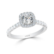 French Pave Cushion Halo Diamond Engagement Ring