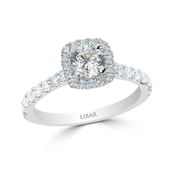 French Pave Cushion Halo Diamond Engagement Ring