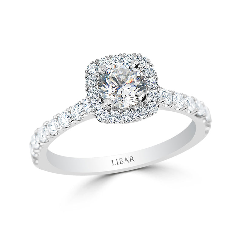 French Pave Cushion Halo Diamond Engagement Ring