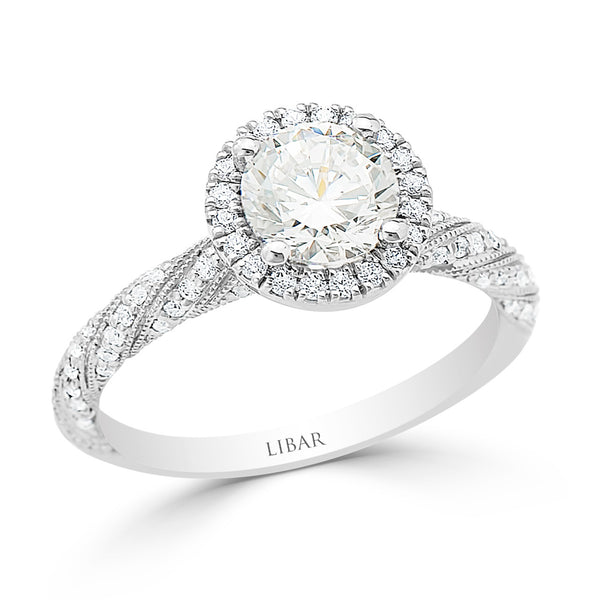 Ladies Pave Set Twisted Milgrained Round Halo Diamond Ring