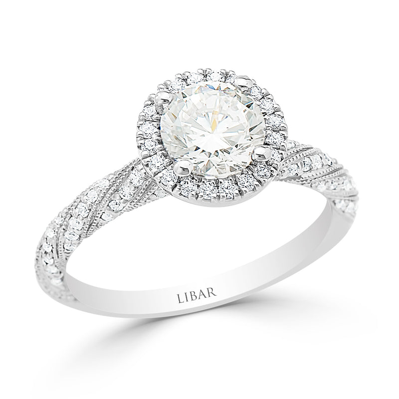 Ladies Pave Set Twisted Milgrained Round Halo Diamond Ring