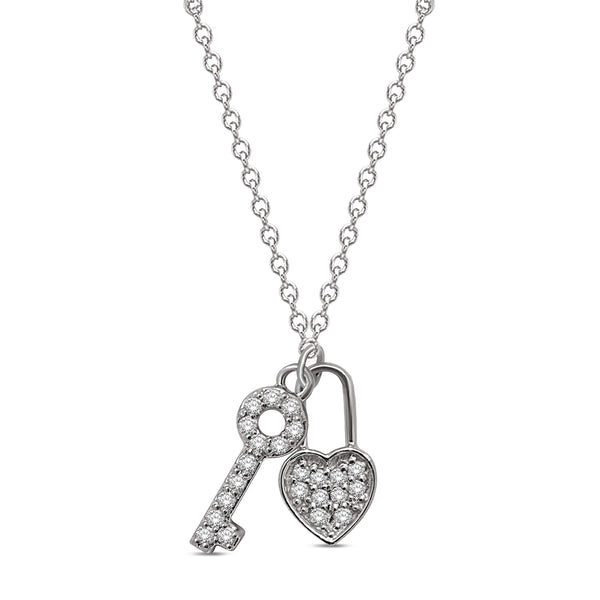 10K White Gold 1/8 Ct.Tw.Diamond Lock & Key Neckalce