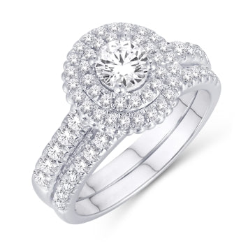 14K WHITE GOLD 1.50 CARAT (0.50 CTR) DOUBLE HALO UNO-BRIDAL RING-0525989-WG