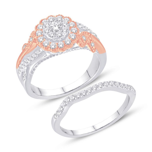 14K TWO-TONE (WHITE AND ROSE) GOLD 0.75 CARAT FLOWER BRIDAL RING-0526166-WR