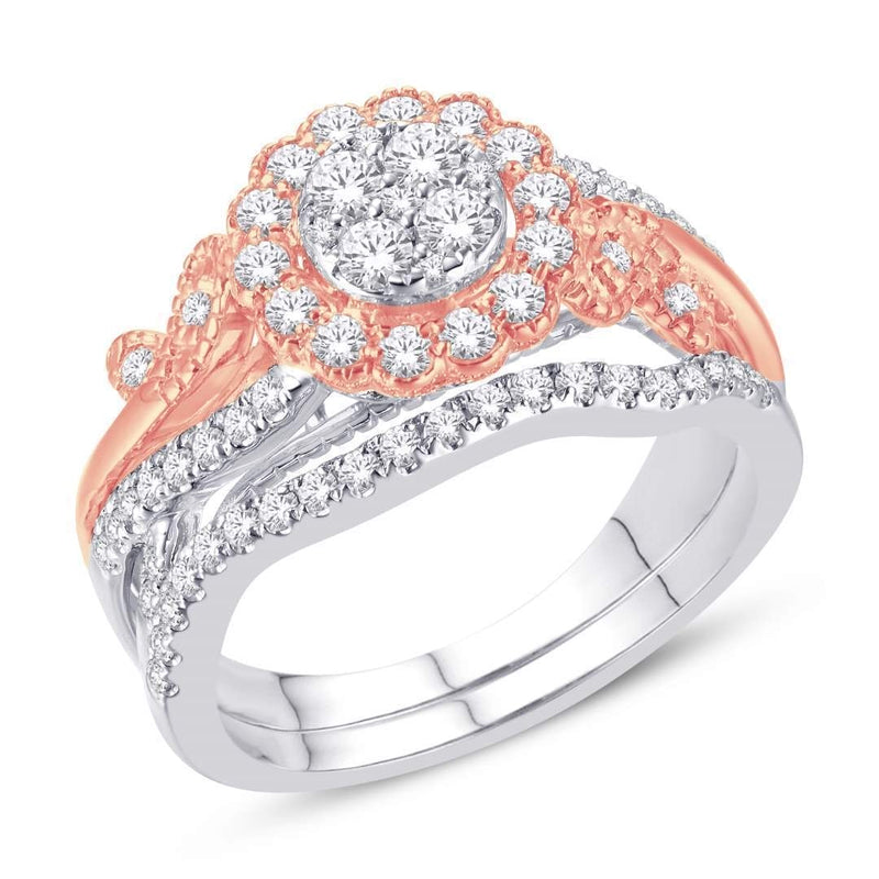 14K TWO-TONE (WHITE AND ROSE) GOLD 0.75 CARAT FLOWER BRIDAL RING-0526167-WR