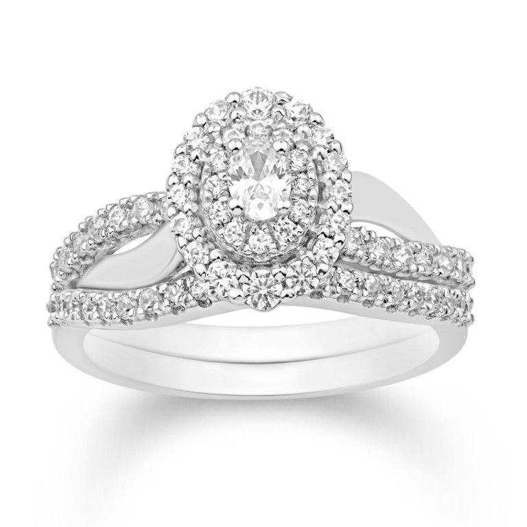 14K WHITE GOLD 0.98 CARAT (0.20 CTR) OVAL BRIDAL RING-0532671-WG