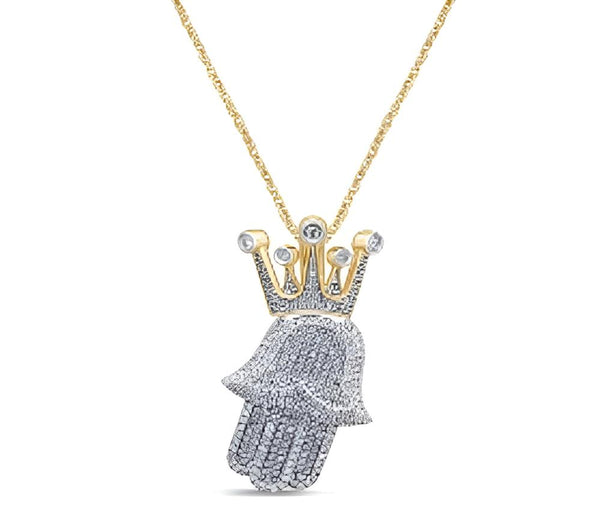 10KT YELLOW GOLD 0.75 CARAT HAMSA HAND WITH CROWN HIPHOP PENDANT-1029633-YG