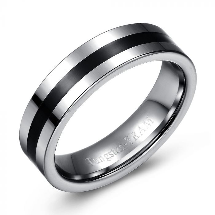 Black Enamel Inlay Tungsten Ring