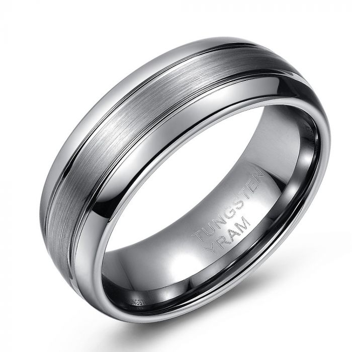 Double Lined with Brushed Centre Tungsten Ring
