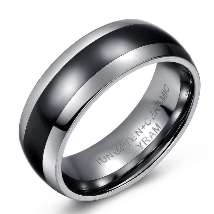 Domed Black Ceramic and Tungsten Ring