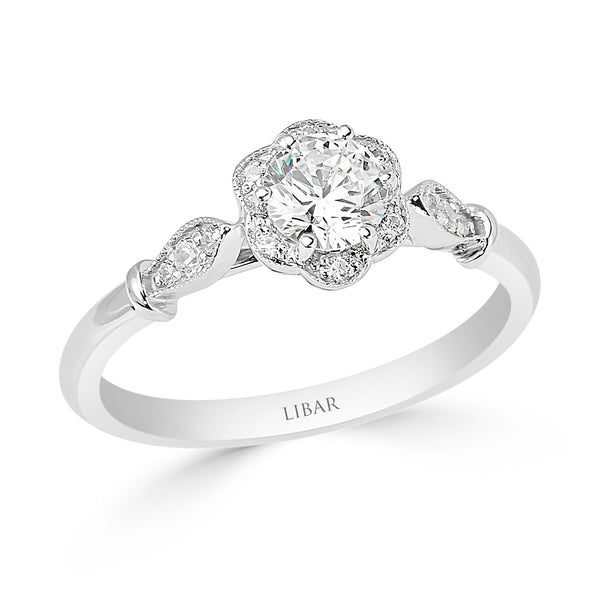 Milgrained Flower and Petal Halo Engagement Ring