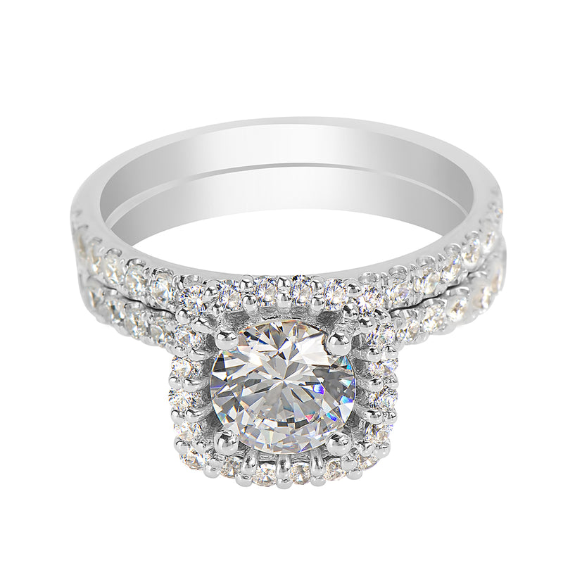 Claw Set Cushion Halo Graduated Pavé Engagement Ring