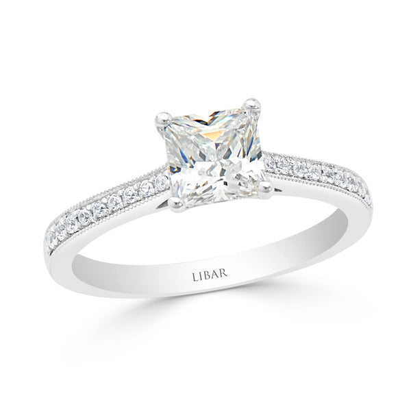 Four Claw Princess Cut Milgrained Pavé Engagement Ring